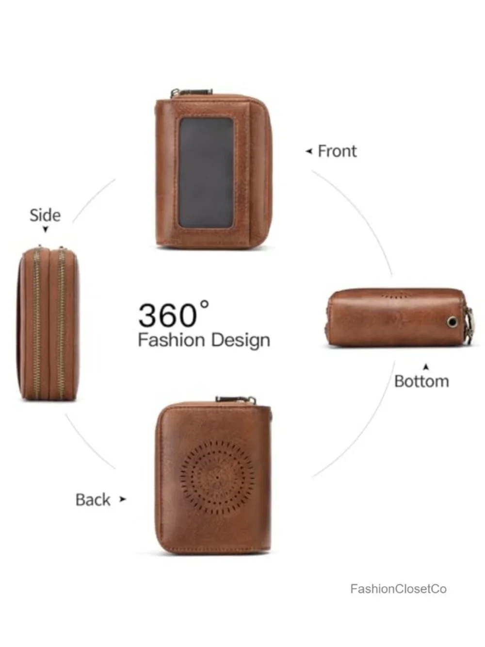 Leather RFID Blocking Double Zipper Wristlet Card Holder with ID Window